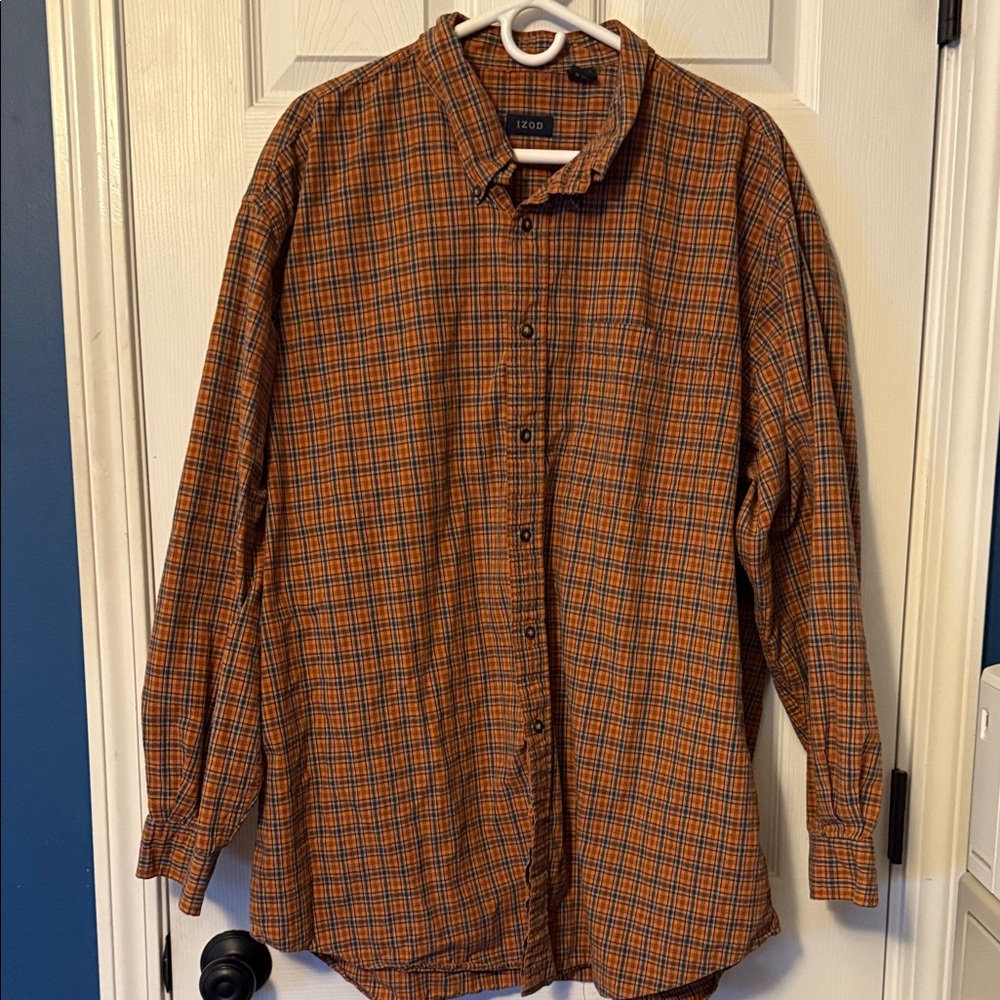 Izod Men's Casual Orange and Blue Plaid Shirt